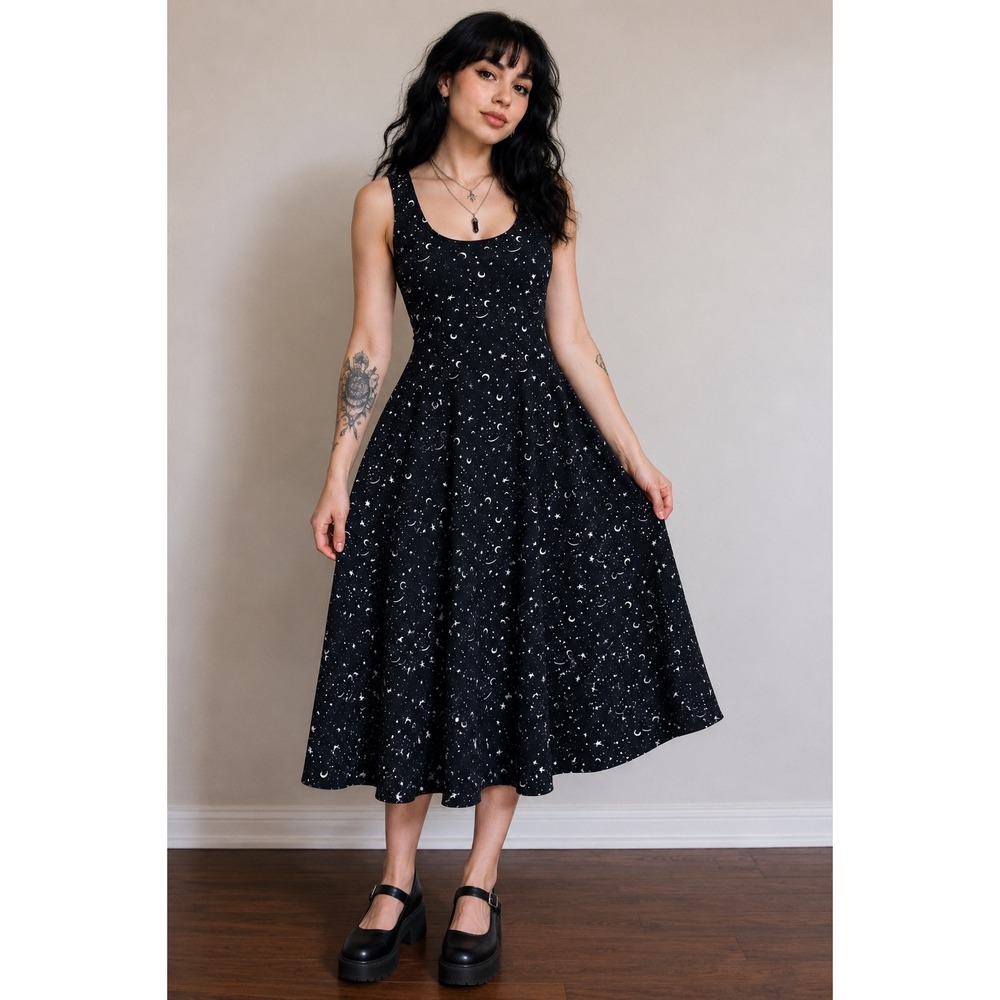 Elhoffer Essentials Womens Celestial‎ Moon Star Skater Dress Black XS Sleeveless